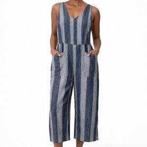Beach Lunch Lounge Linen Blend Romper Size Small Blue Striped Wide Leg Cropped